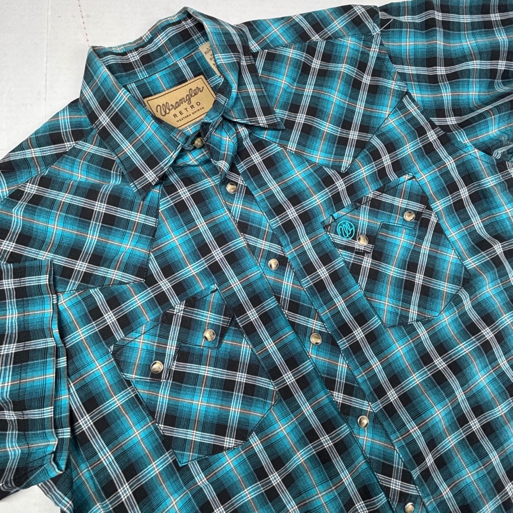 Wrangler Retro Men's Turquoise Plaid Pearl Snap Western Shirt Large Short Sleeve